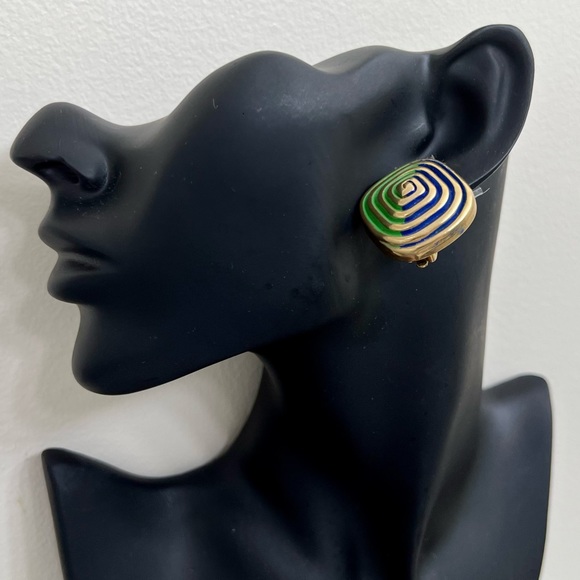 Vintage Funky 70s 80s Art Deco Two-tone Enamel Gold Spiral Clip Earrings - Picture 4 of 11